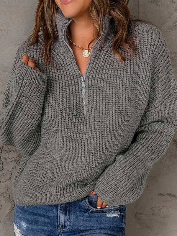 Casual Loose Solid Color Sweater Zip Pullover - Viewbena.com 