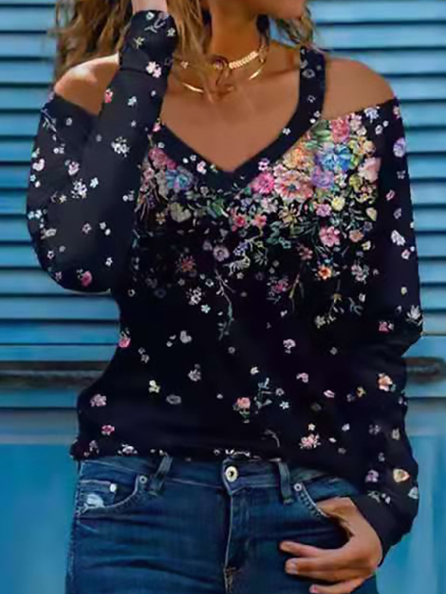Fashion Long sleeved V neck Off shoulder Floral T shirt