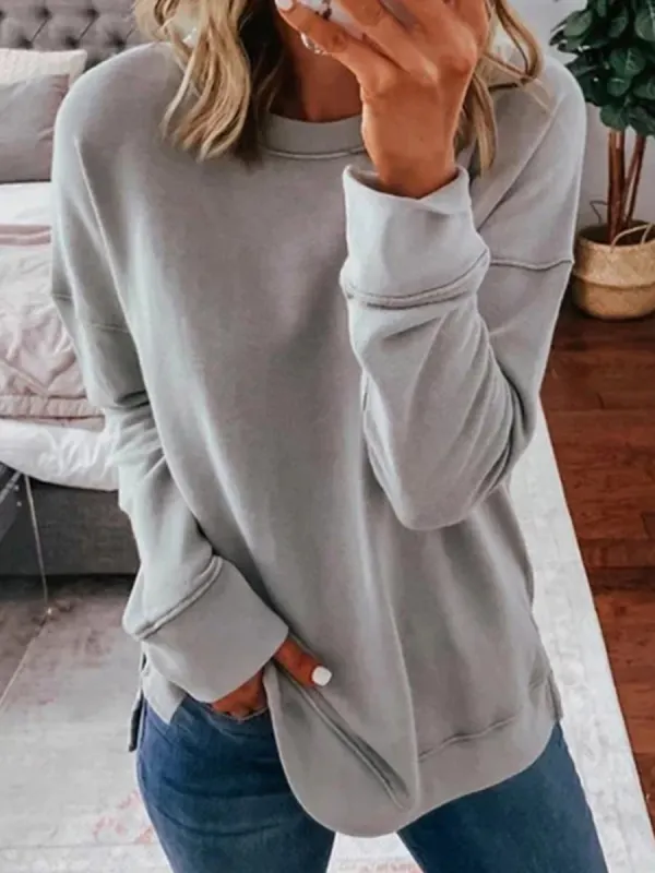 Fall Loose Solid Color Long Sleeve T-shirt - Machoup.com 