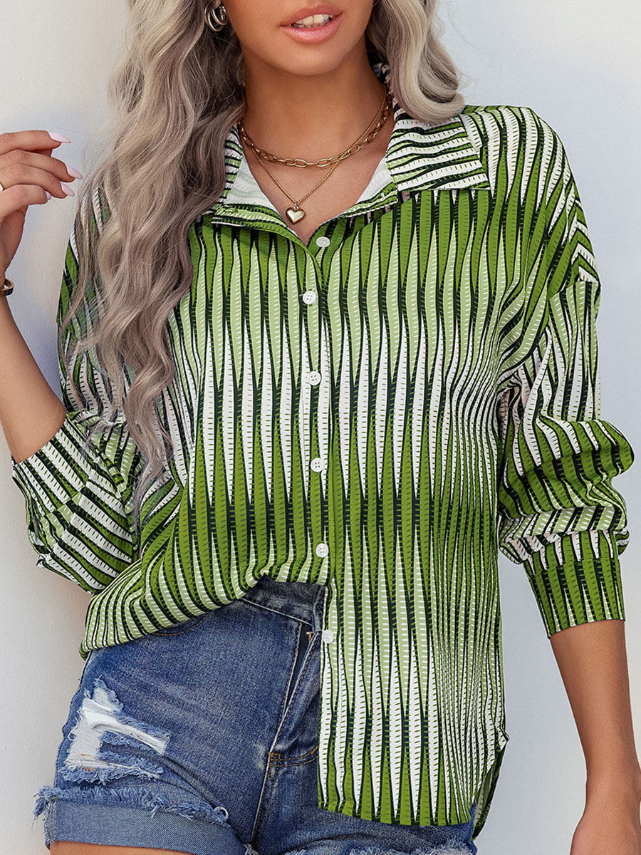 Fold Over Collar Single Breasted Striped Shirts&Blouses