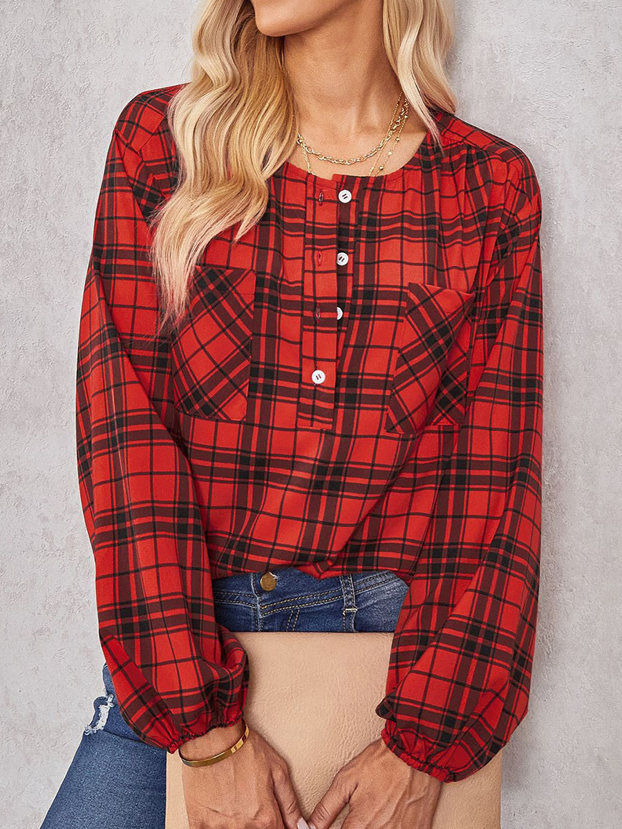 Round Neck Fashion Vintage Plaid Long Sleeve Blouse