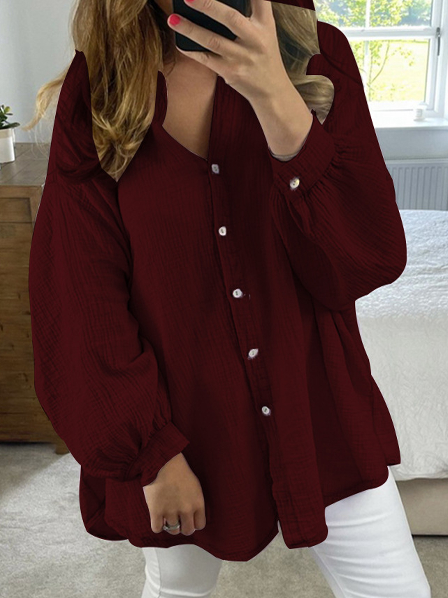 Casual Solid Color Loose V Neck Long Sleeve Shirt