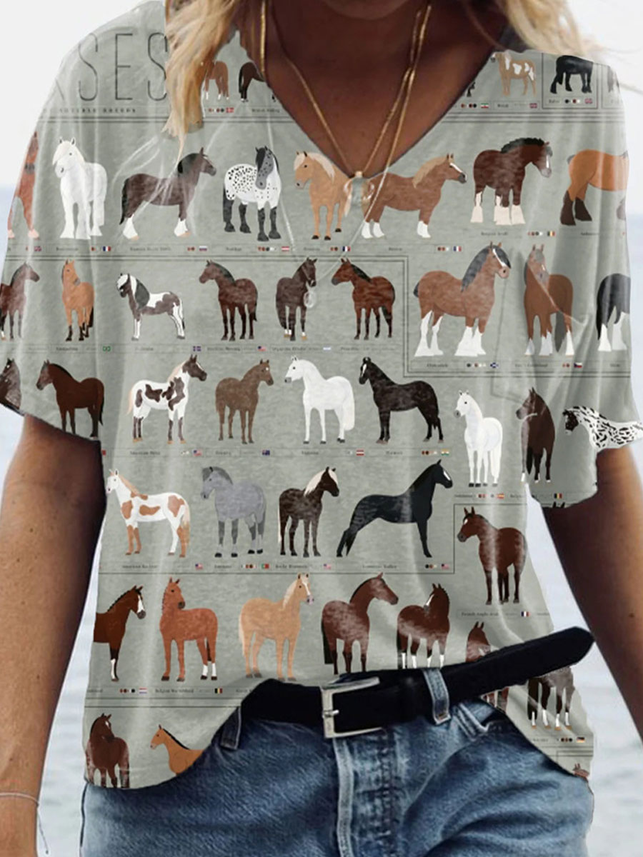 V neck Casual Loose Horse Print Short Sleeve T shirt