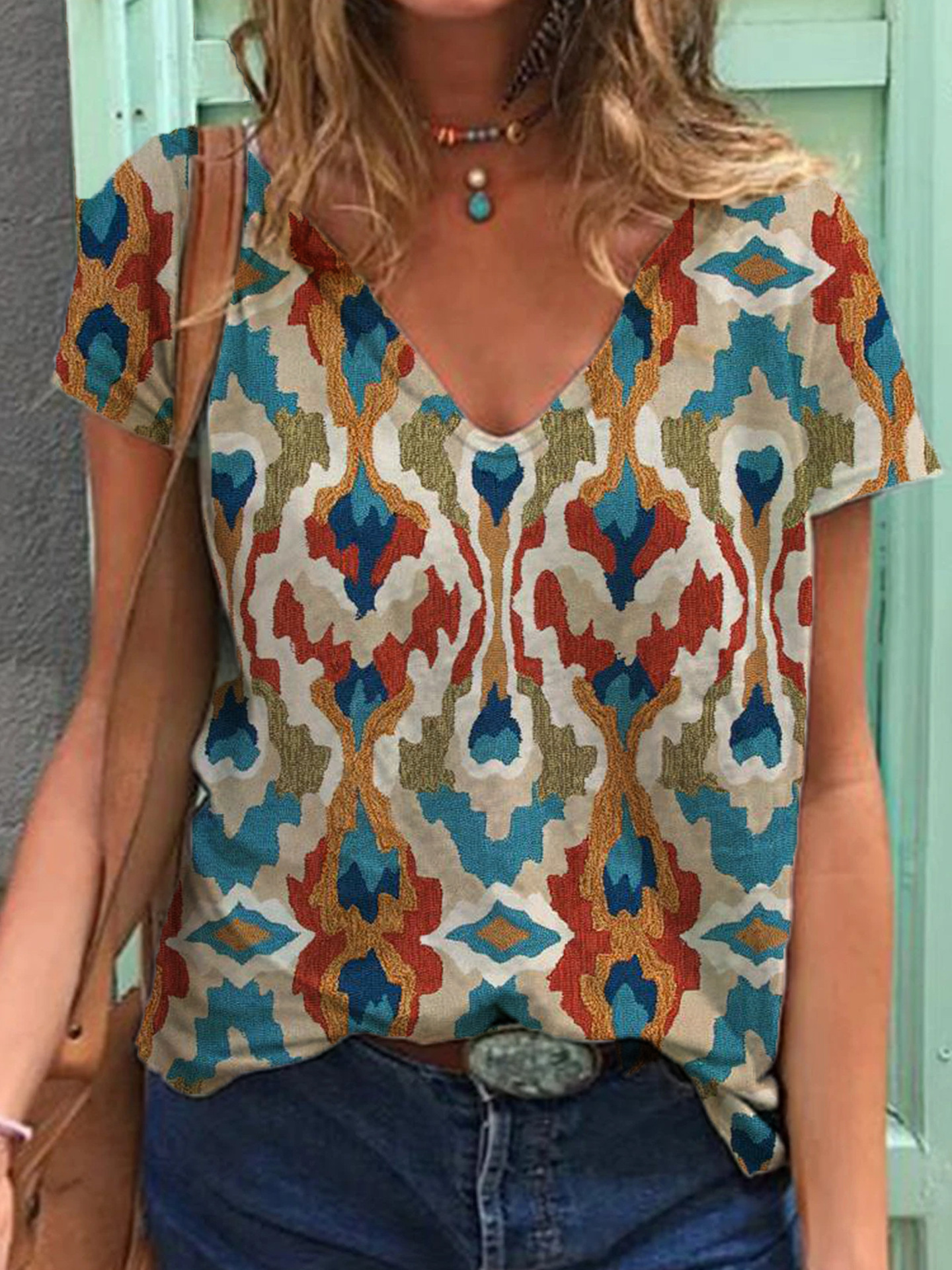 V neck Casual Loose Ethnic Geometric Print Short Sleeve T shirt