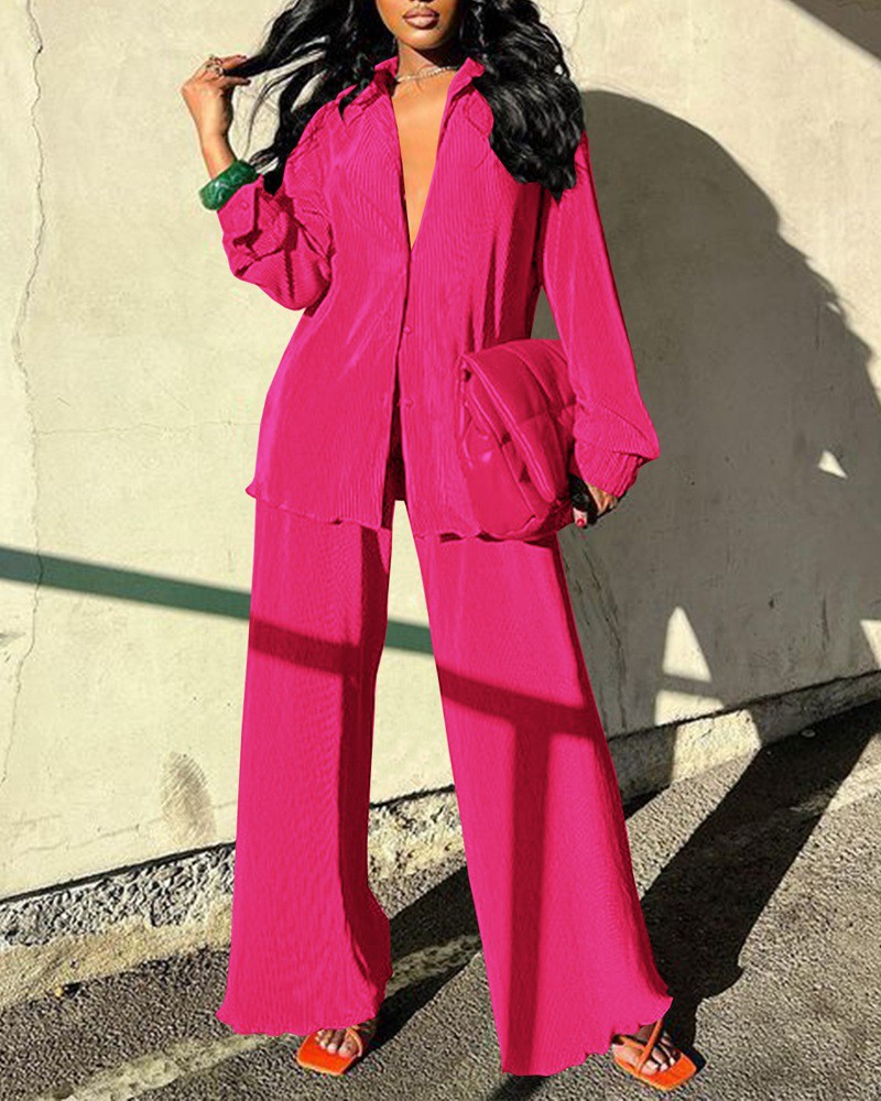 Ladies Elegant Fashion Everyday Casual Party Solid Color Lapel Shirt Top Pants Set