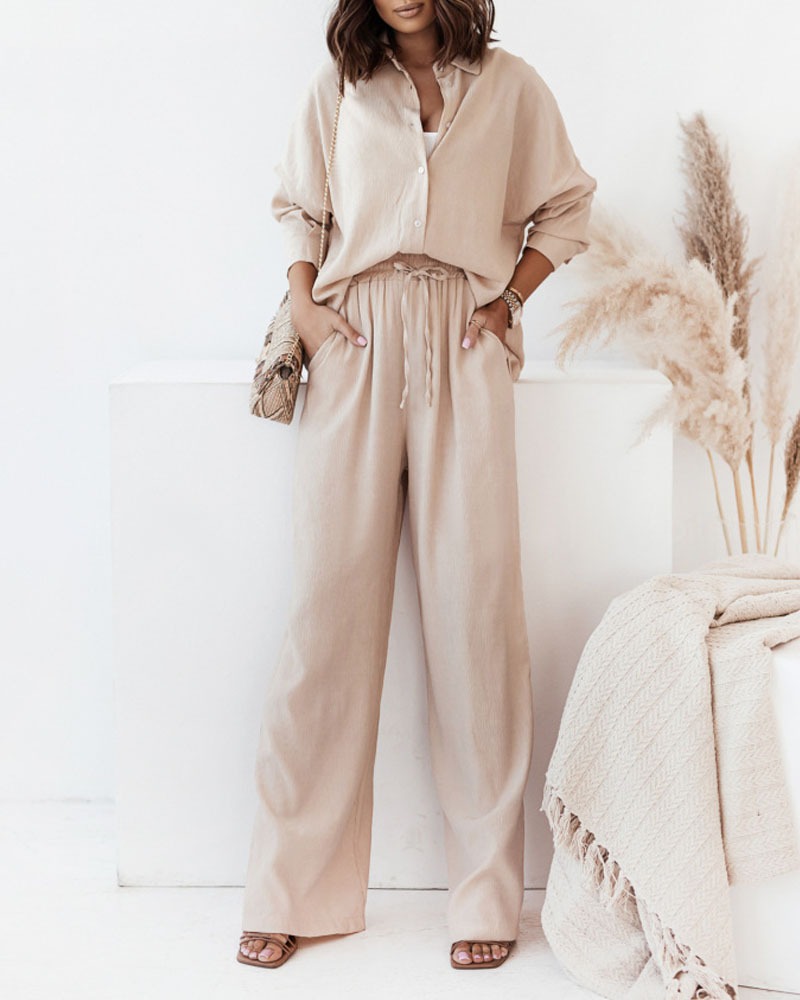 Ladies Elegant Fashion Everyday Casual Solid Color Lapel Shirt Top Pants Set