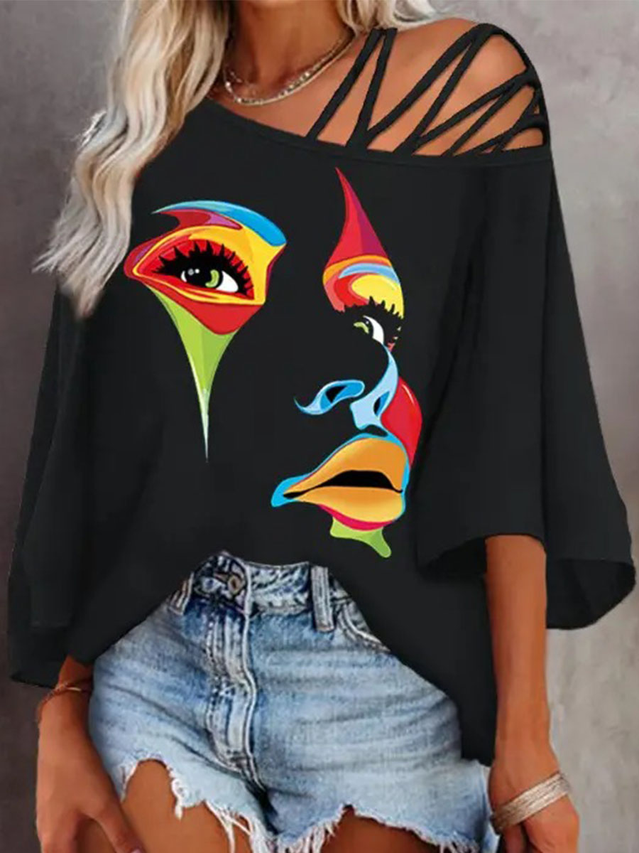Abstract Figure Print Cold Shoulder Bell Sleeve Top