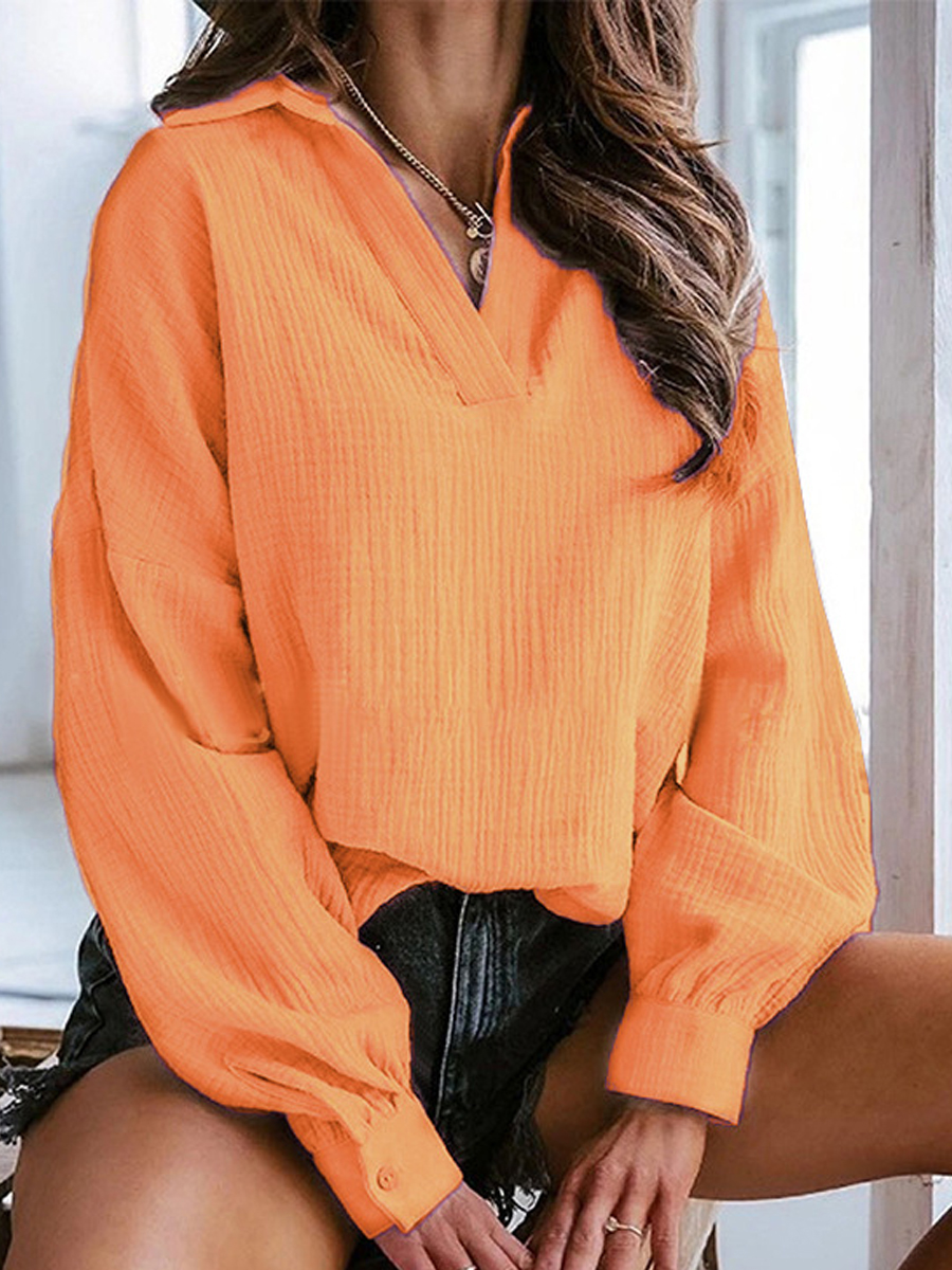 Casual Solid Color Lapel V Neck Long Sleeve Blouse