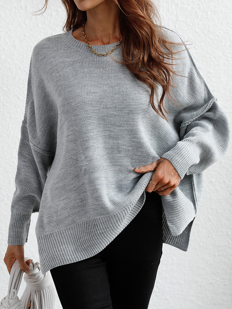 Loose Solid Color Hem Slit Crew Neck Long Sleeve Sweater