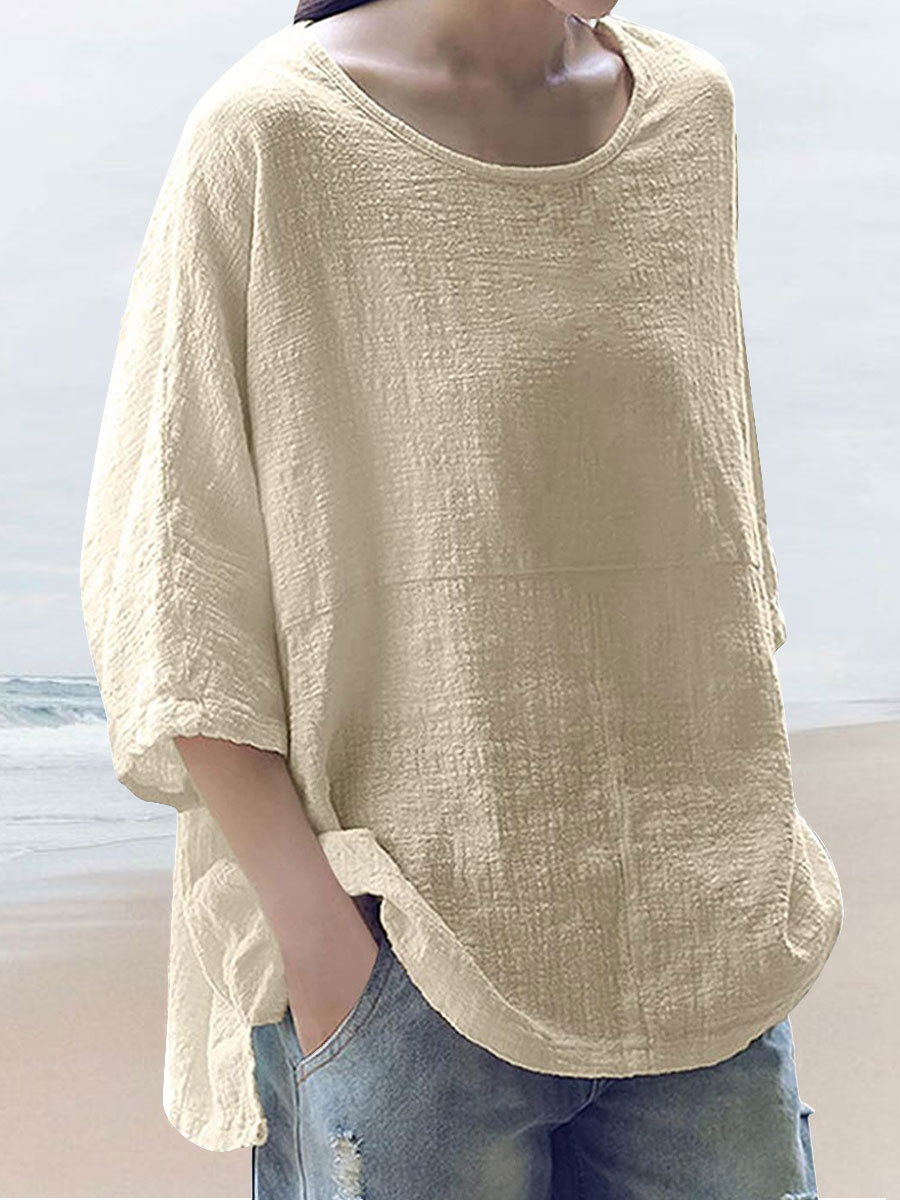 Round Neck Casual Loose Solid Color Mid sleeve Blouse