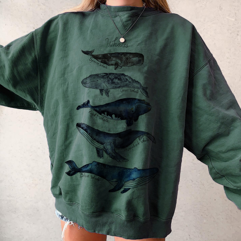 Retro Whales Graphic Crew Sweatshirt
