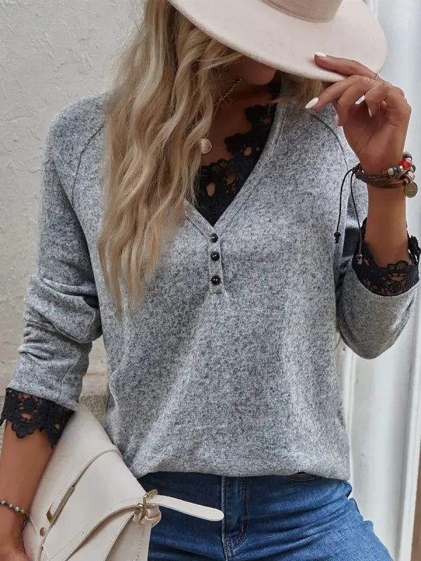 Casual V Neck Solid Color Long Sleeve Sweater - Minicousa.com 