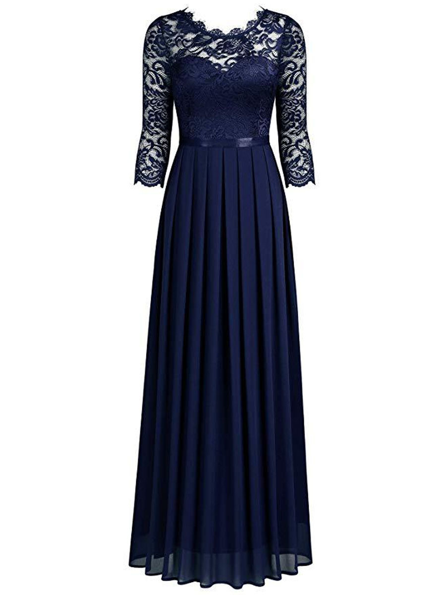 Paneled Crew Neck Lace Long Evening Gown