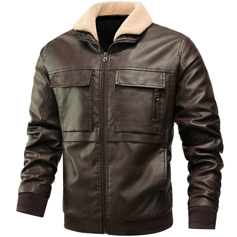 

Men's Casual Multi-pocket Lapel Leather Jacket