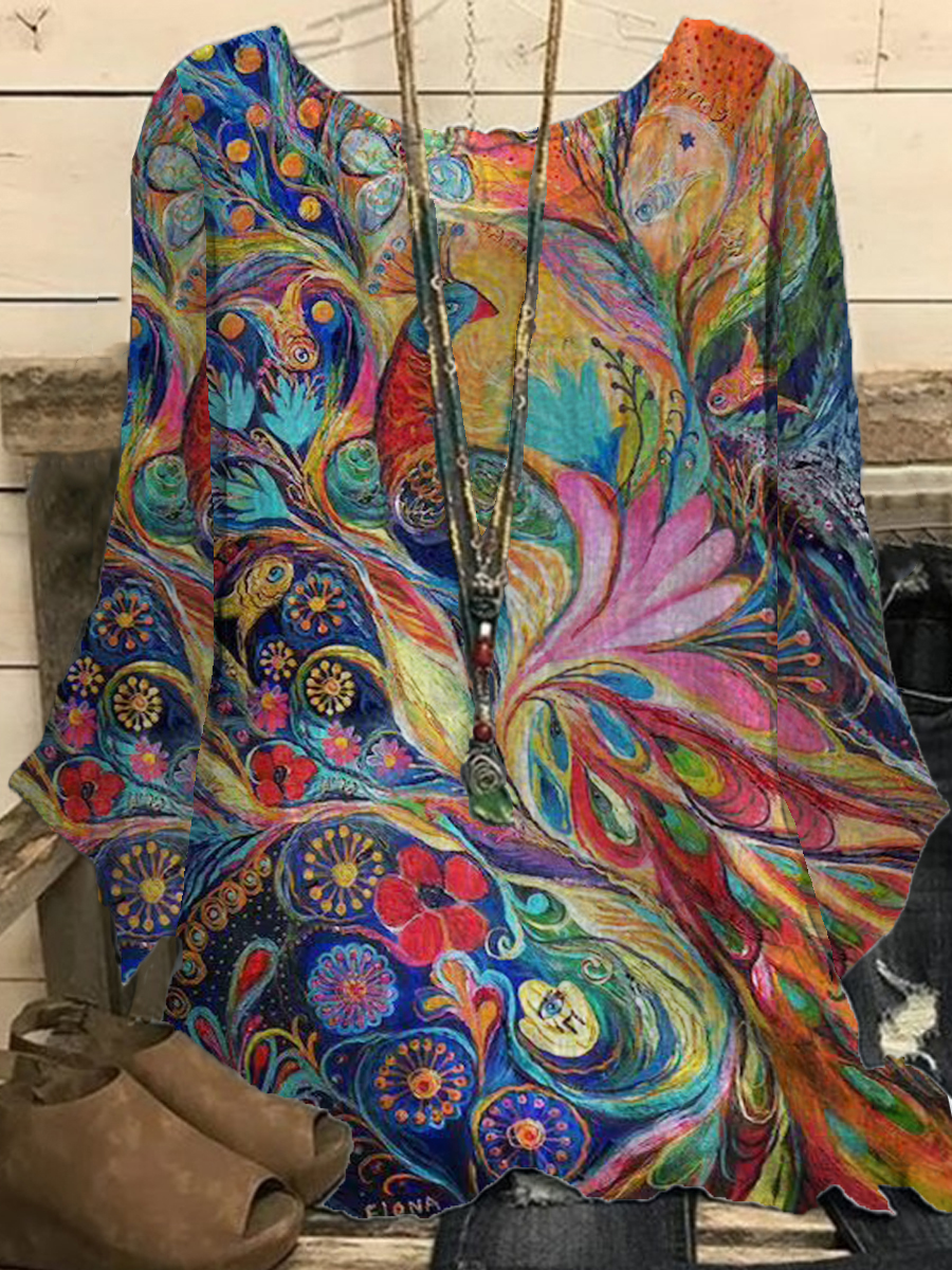 Loose Casual Peacock Abstract Print Crew Neck Long Sleeve Blouse