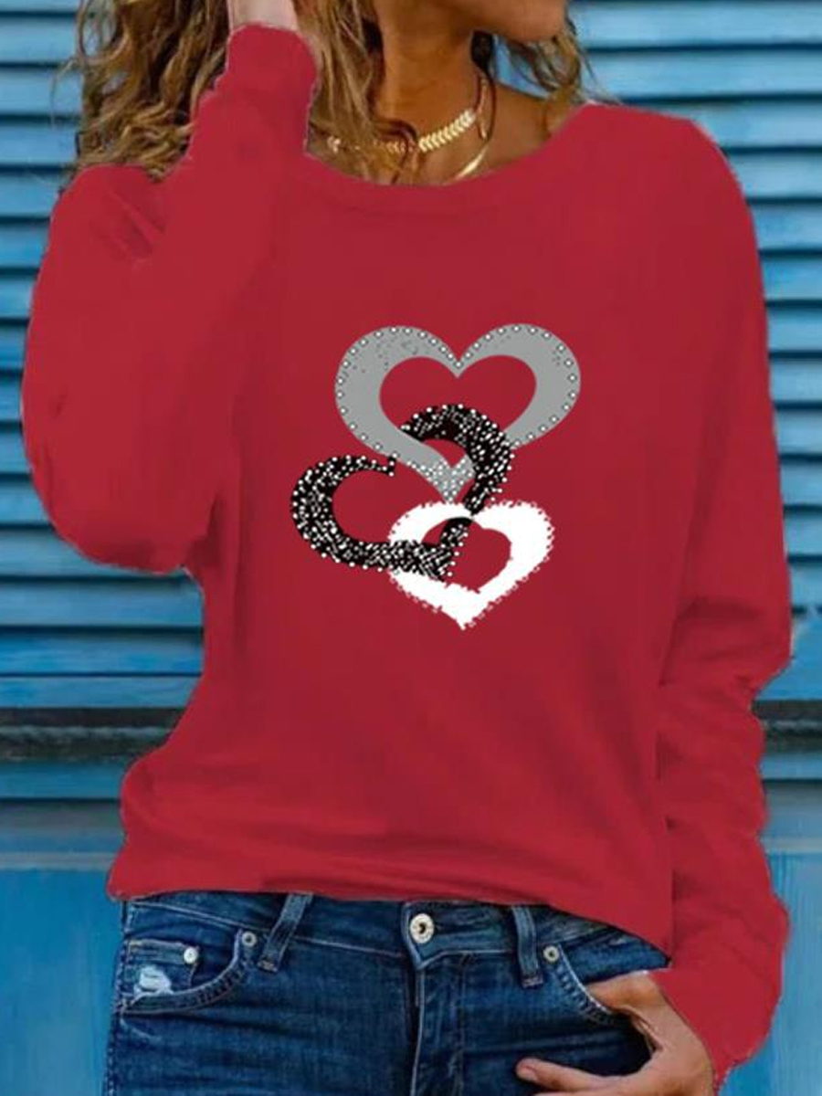 Casual Heart Print Crew Neck Long Sleeve T Shirt