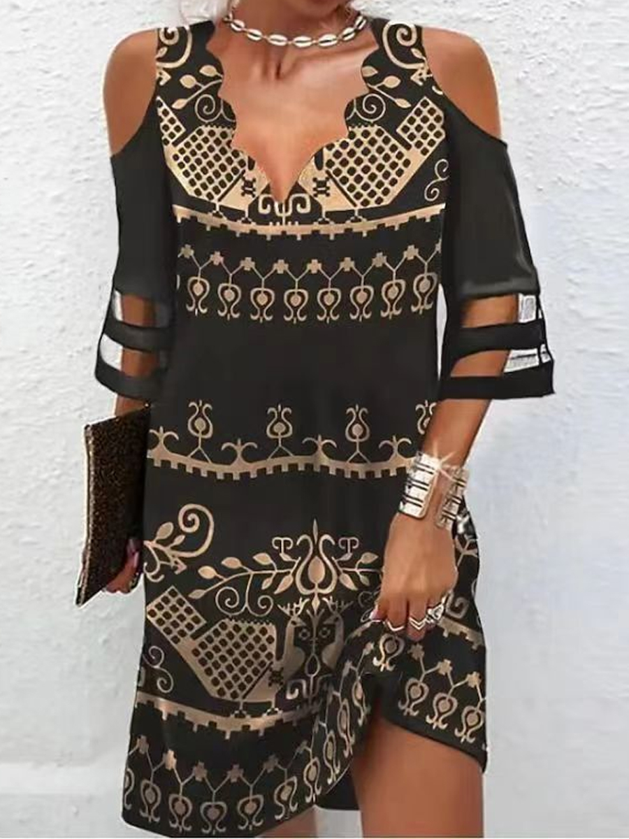 Fashion Casual Patchwork Wave V Neck Off Shoulder Ethnic Print Short Sleeve Short Dress