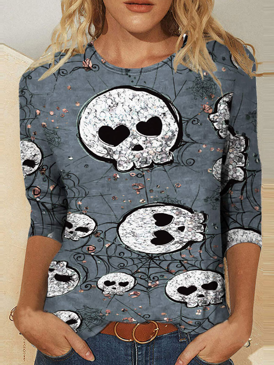 Round Neck Casual Loose Pumpkin Cat Print Long Sleeve T shirt