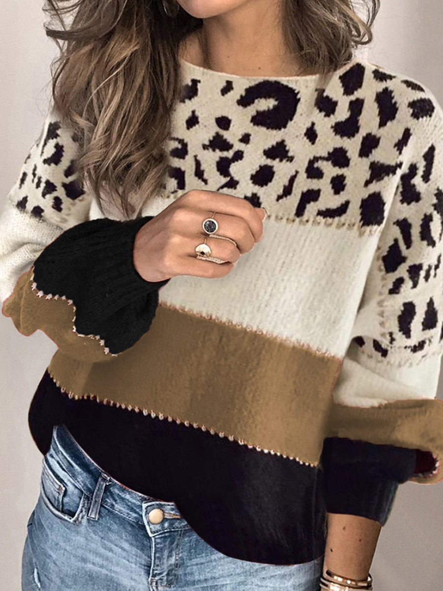 Fall/Winter Color Block Loose Round Neck Knitted Sweater