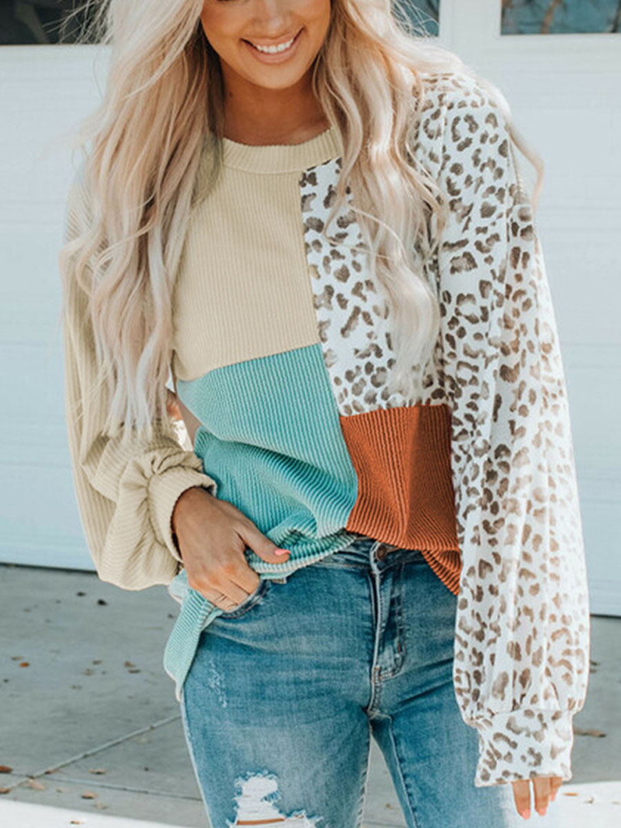 Women's Contrast Leopard Print Crew Neck Long Sleeve Sweatshirt