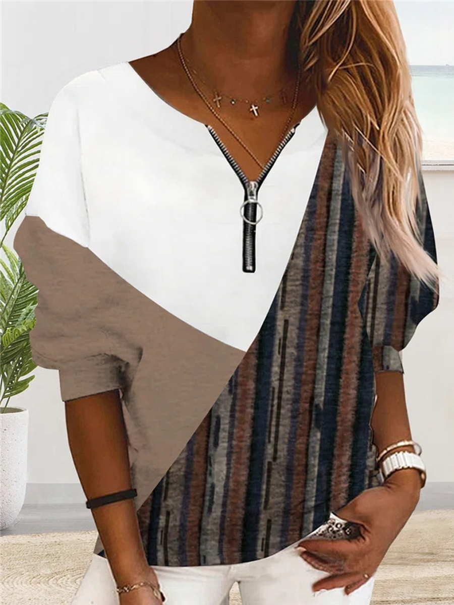Casual Colorblock Loose Zip V Neck Long Sleeve Sweatshirt