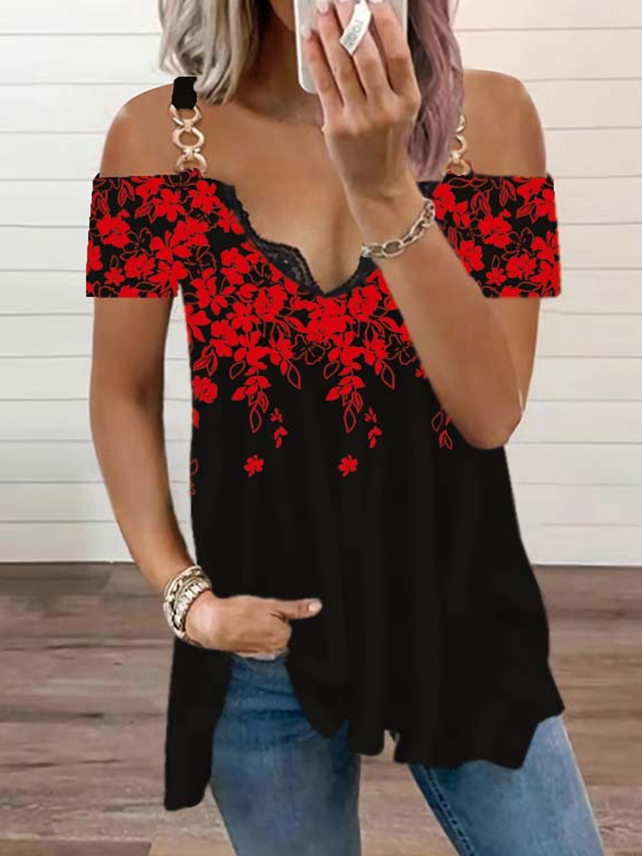 Casual Floral Print Off The Shoulder Short Sleeve T Shirt