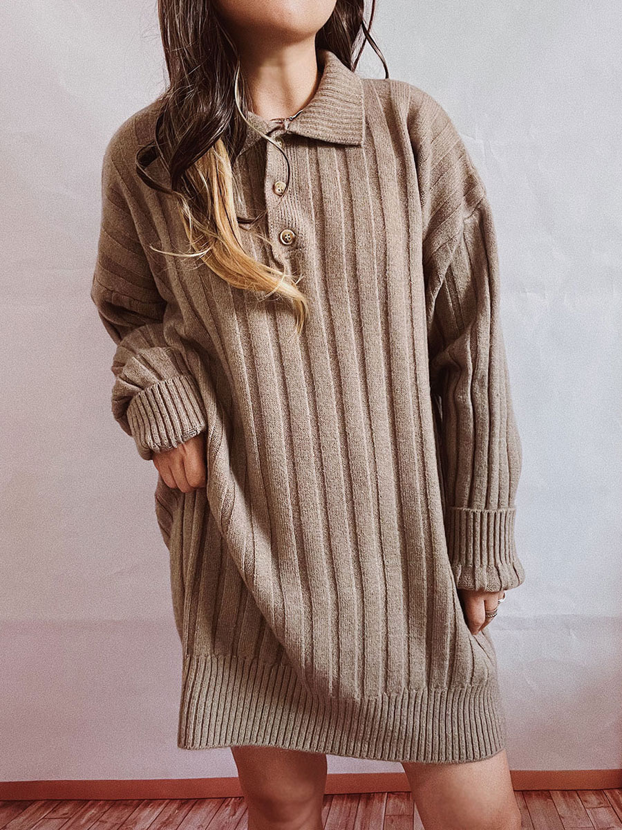 Polo Collar Casual Loose Pit Stripe Knit Pullover Short Dress