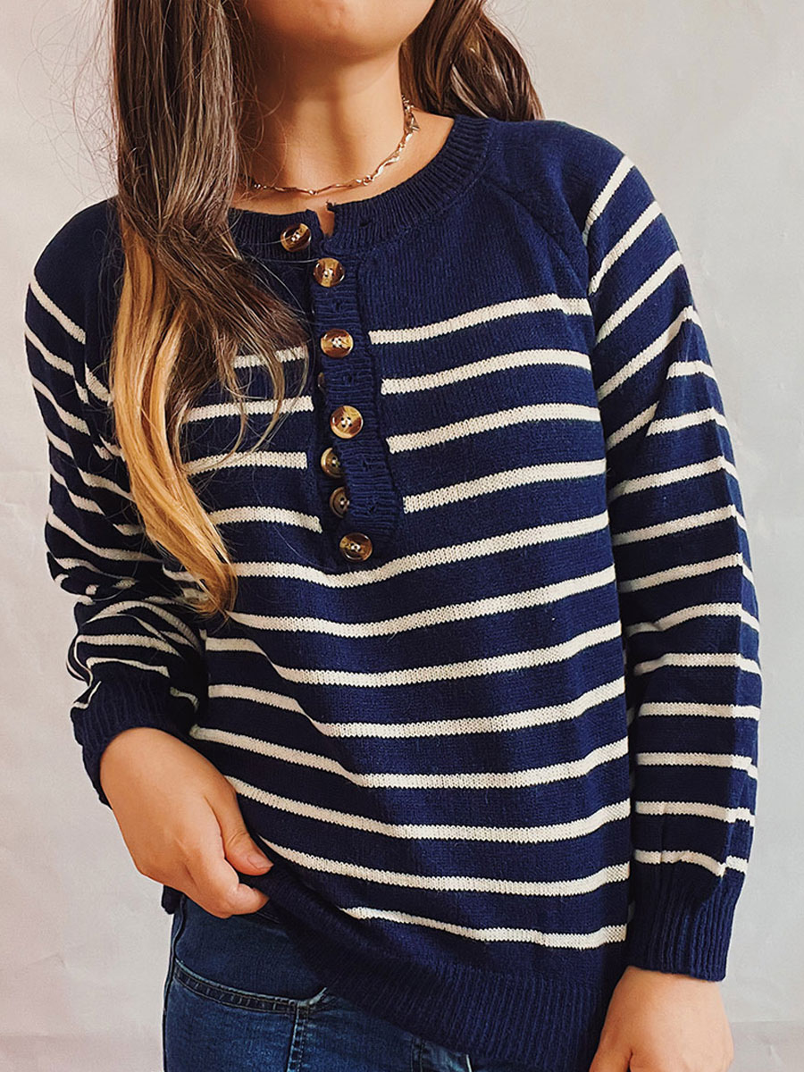 Round Neck Casual Loose Sweater Striped Pullover
