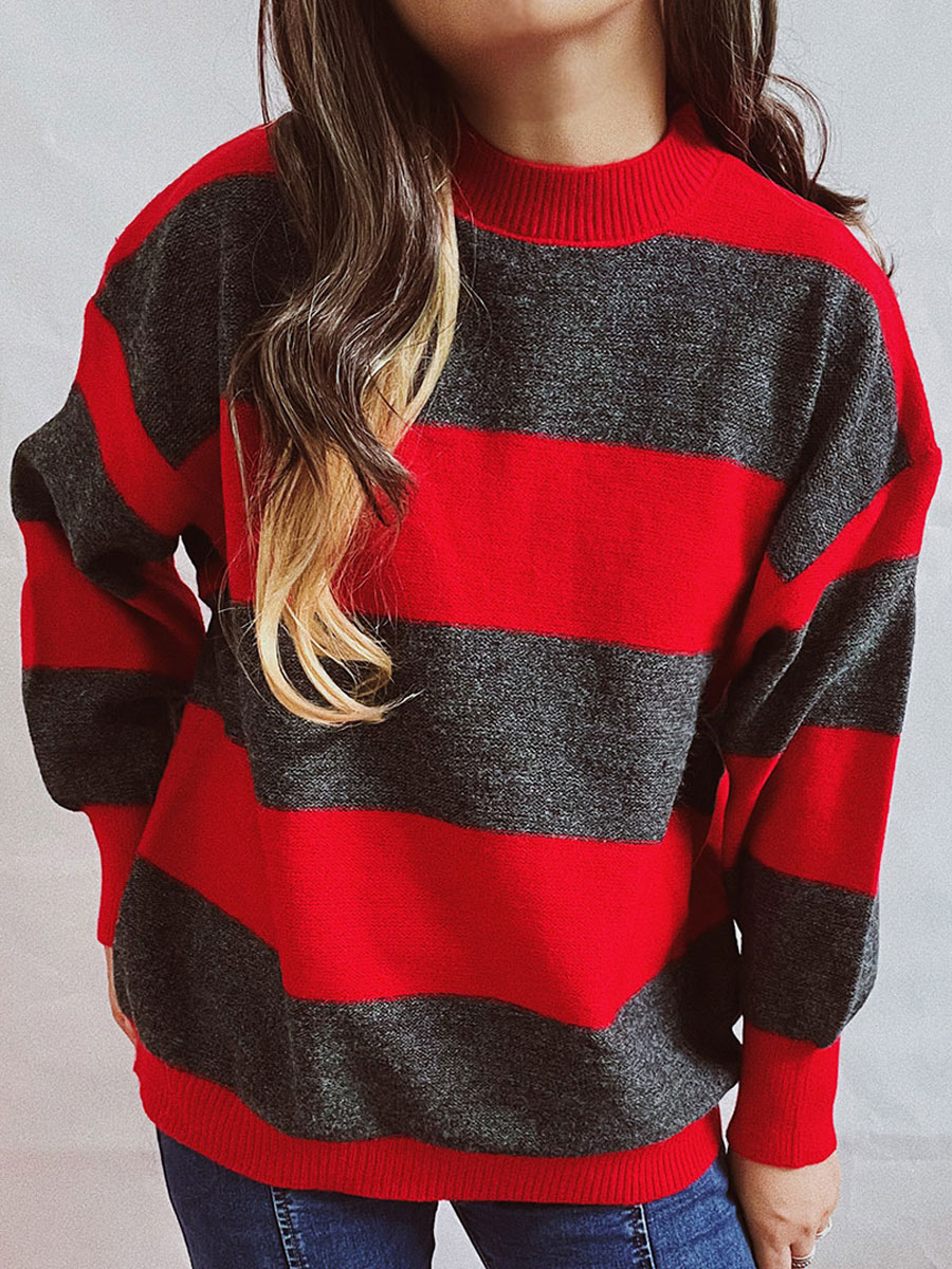 Round Neck Casual Loose Sweater Striped Pullover