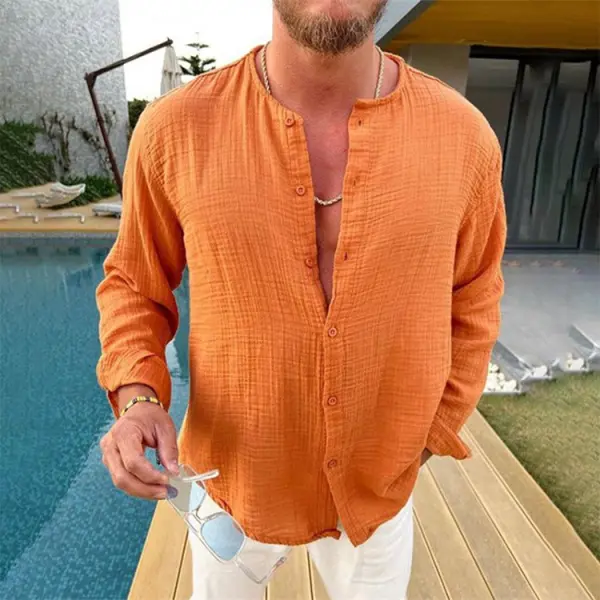 Men's Solid Color Cotton Linen Casual Long Sleeve Shirt - Kalesafe.com 