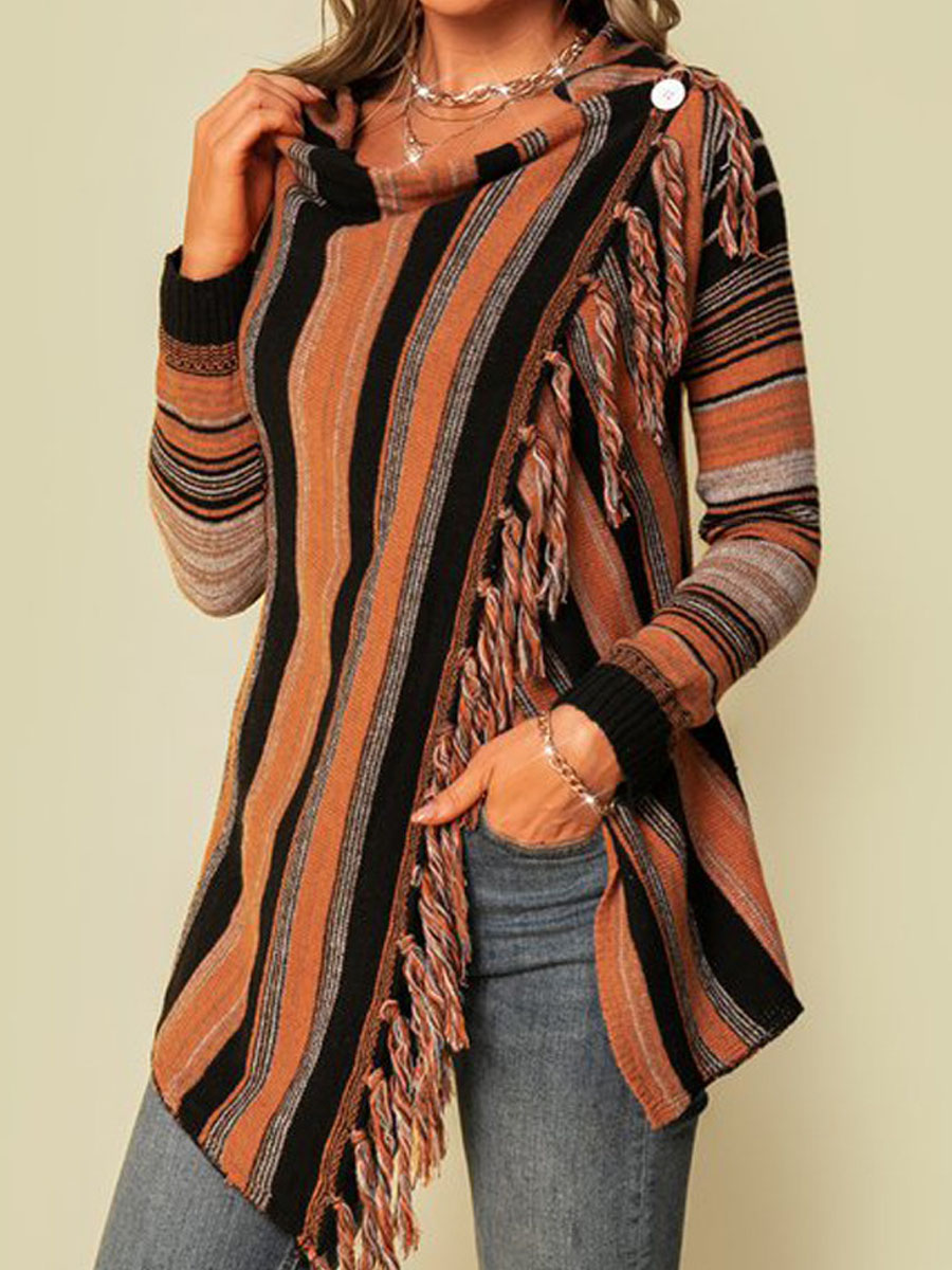 Women's Mid Length Striped Fashion Fringe Sweater Cardigan