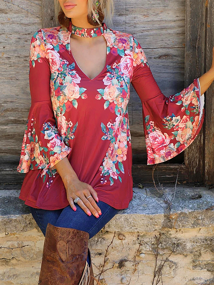Women's Printed Flared Long Sleeve V Neck Casual Loose Dress