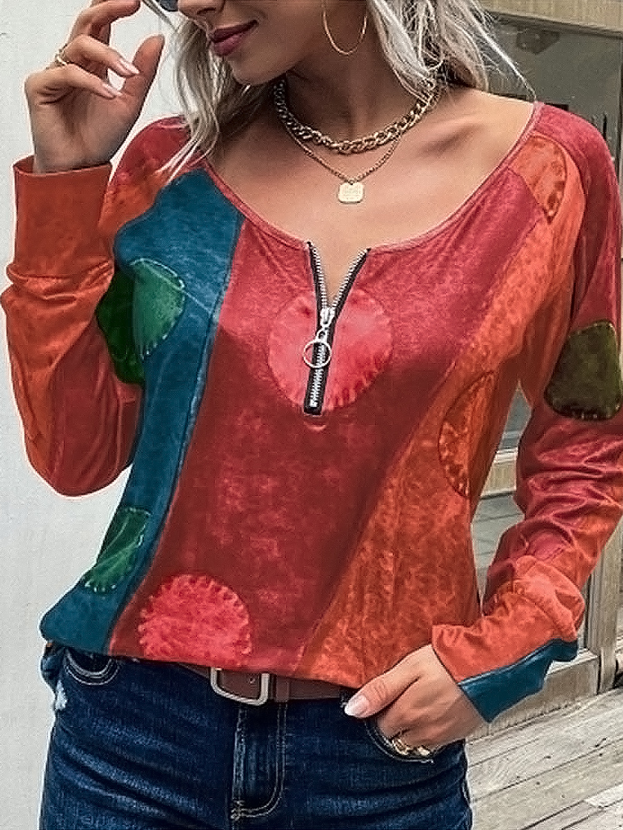 Women's Printed Zip Long Sleeve Top T Shirt