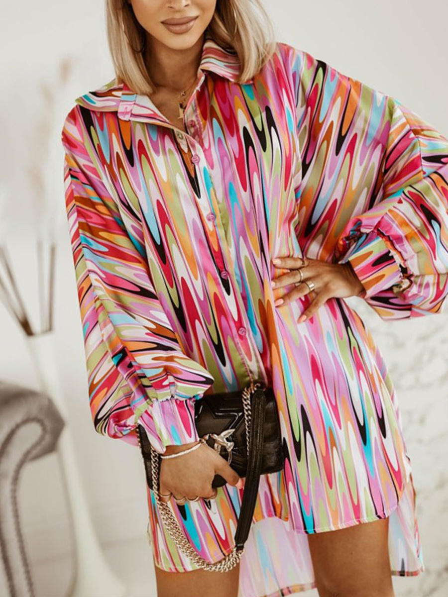 Single Breasted Versatile Loose Lapel Long Sleeve Printed Long Shirt