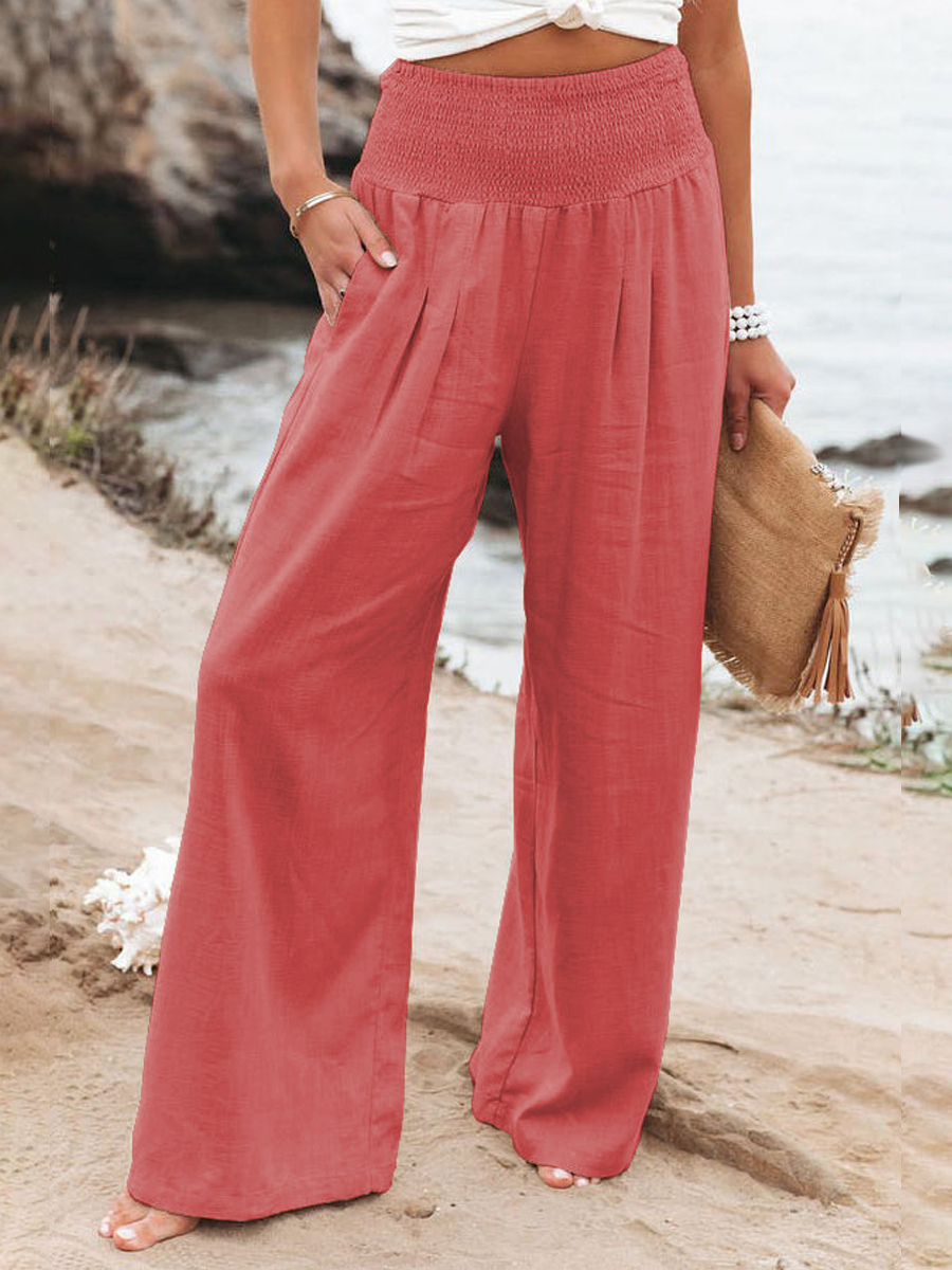 Women's Solid Color Cotton Linen Elastic Waist Wide Leg Casual Pants