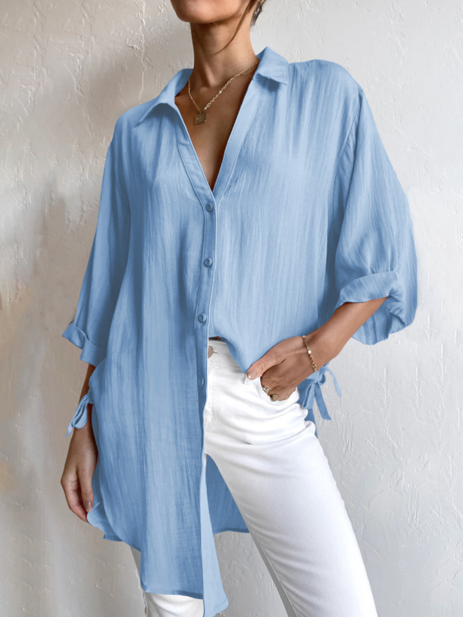 Ladies Side Tie 3/4 Flare Sleeve Dovetail Casual Cotton Linen Long Shirt