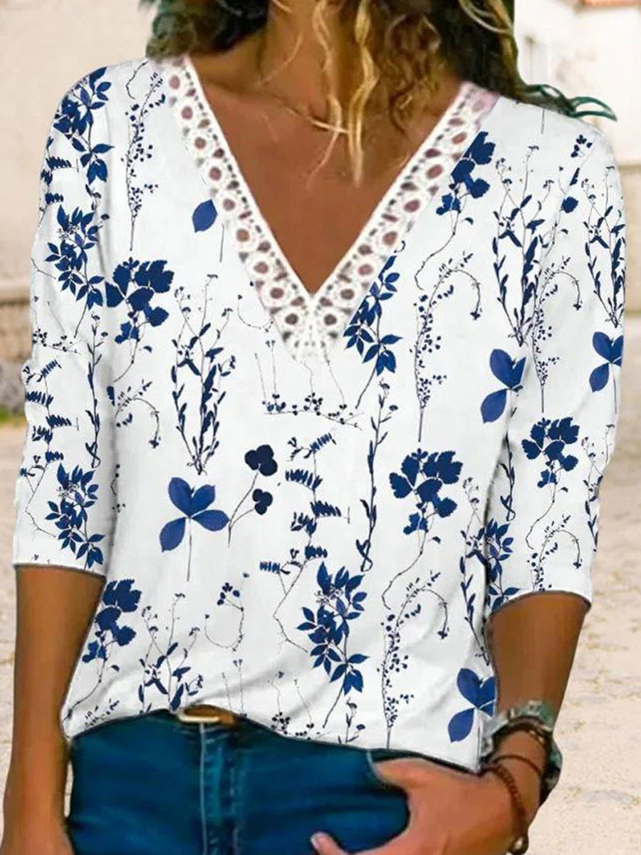 V neck Cutout Casual Loose Floral Print Long Sleeve T shirt