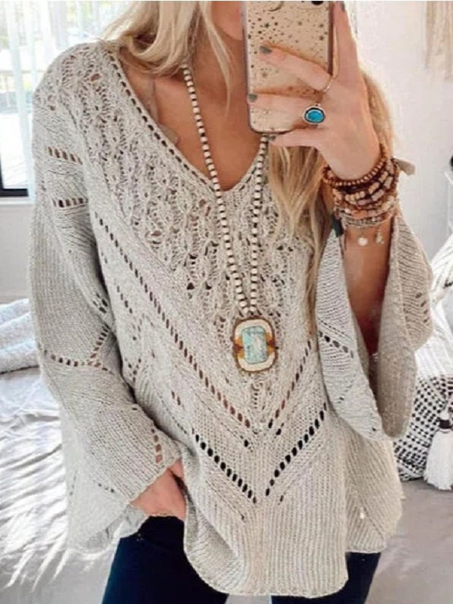 Casual Solid Color Hollow Loose V Neck Long Sleeved Sweater