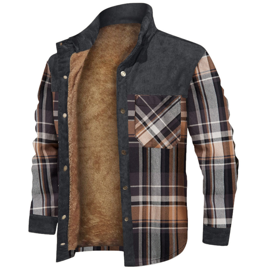 

Men's Retro Check Stitching Fleece Warm Shirt Jacket Wanderer Jacket