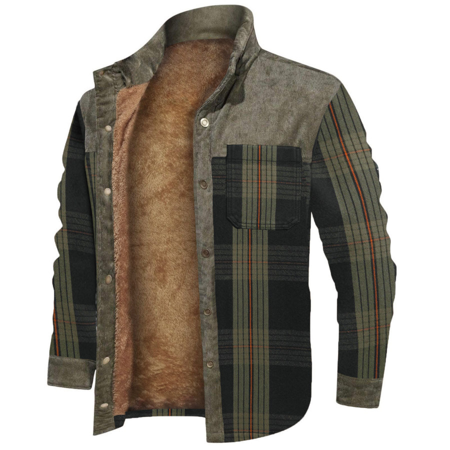 

Men's Retro Check Stitching Fleece Warm Shirt Jacket Wanderer Jacket