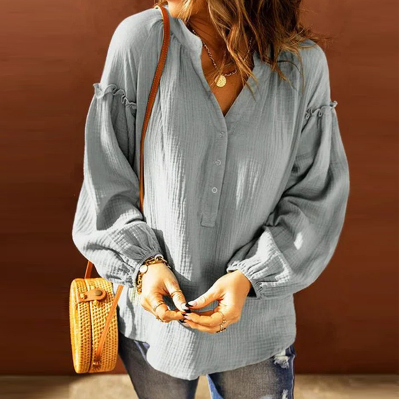 Casual Loose Solid Color V Neck Long Sleeve Blouse