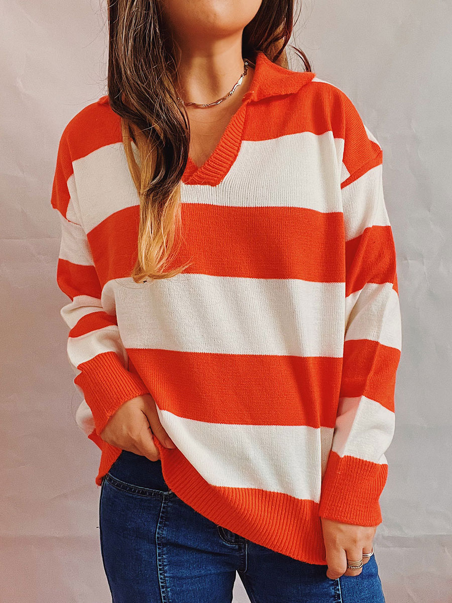 Polo Collar Casual Loose Striped Contrast Color Sweater Pullover