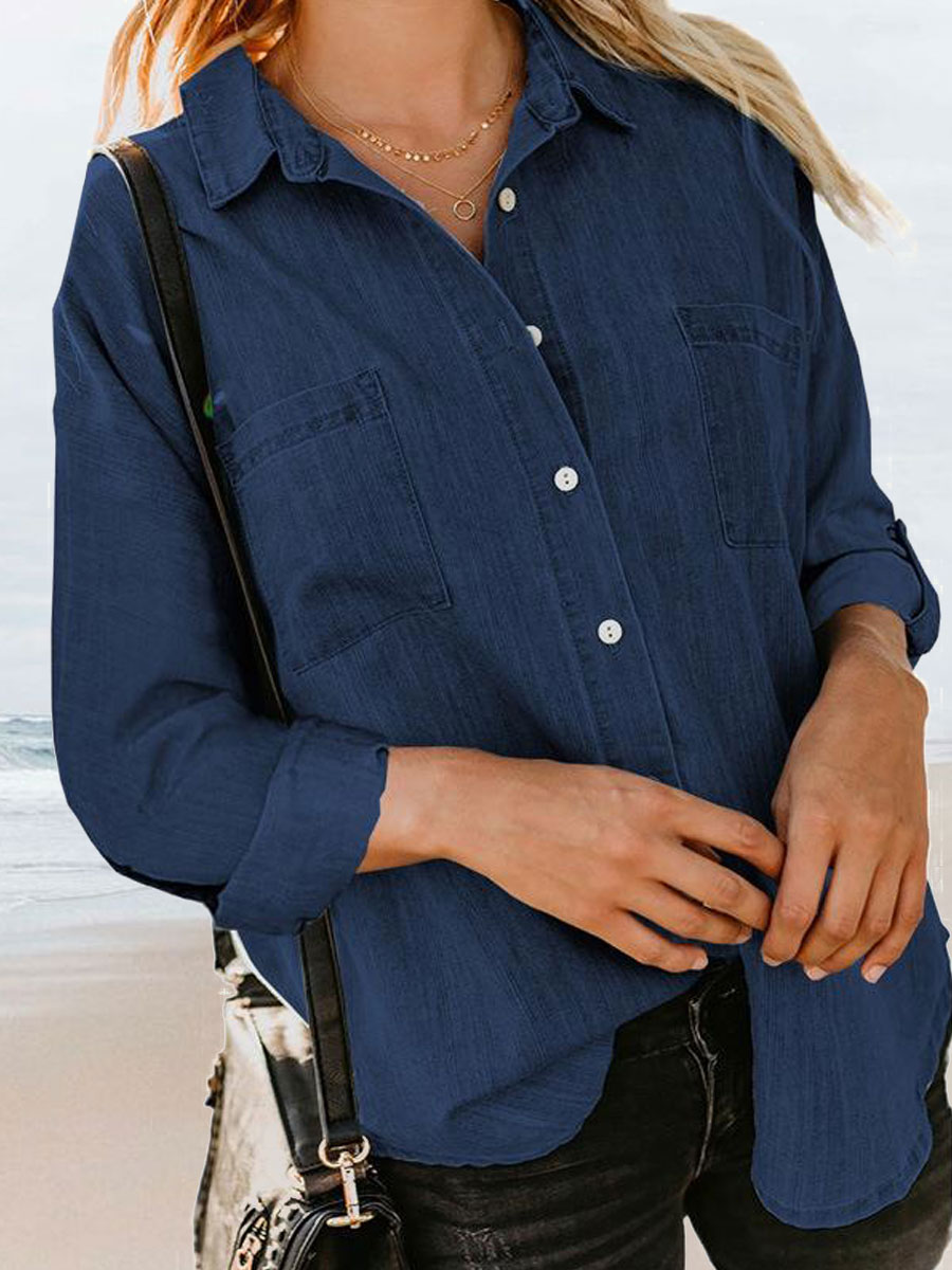 Casual Loose Solid Color Denim Cardigan Long Sleeve Blouse