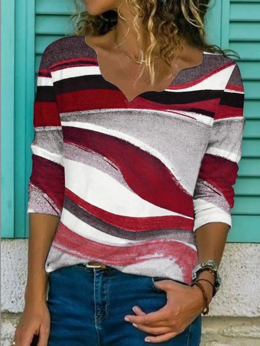 V neck Casual Loose Striped Print Long Sleeve T shirt