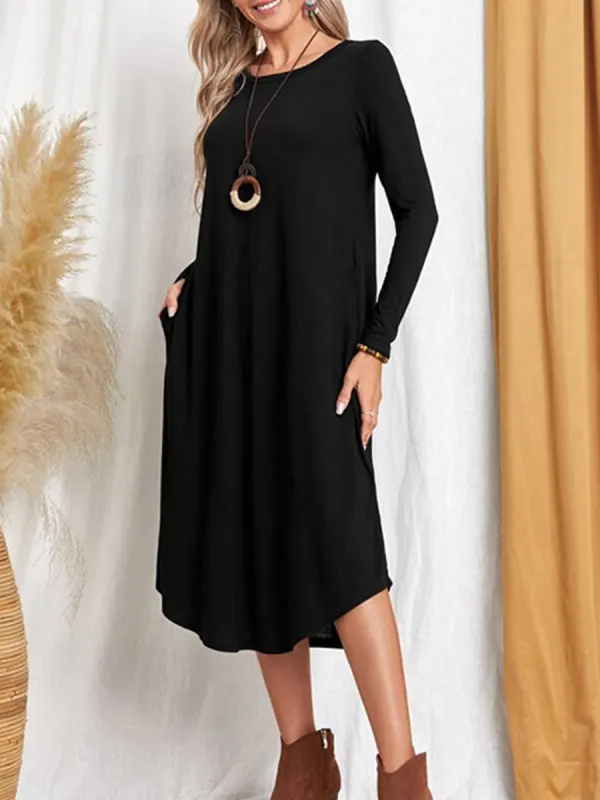 Autumn And Winter New European And American Women's Clothing Solid Color Knitted Side Seam Straight Pocket Curved Hem Loose Dress - Viewbena.com 