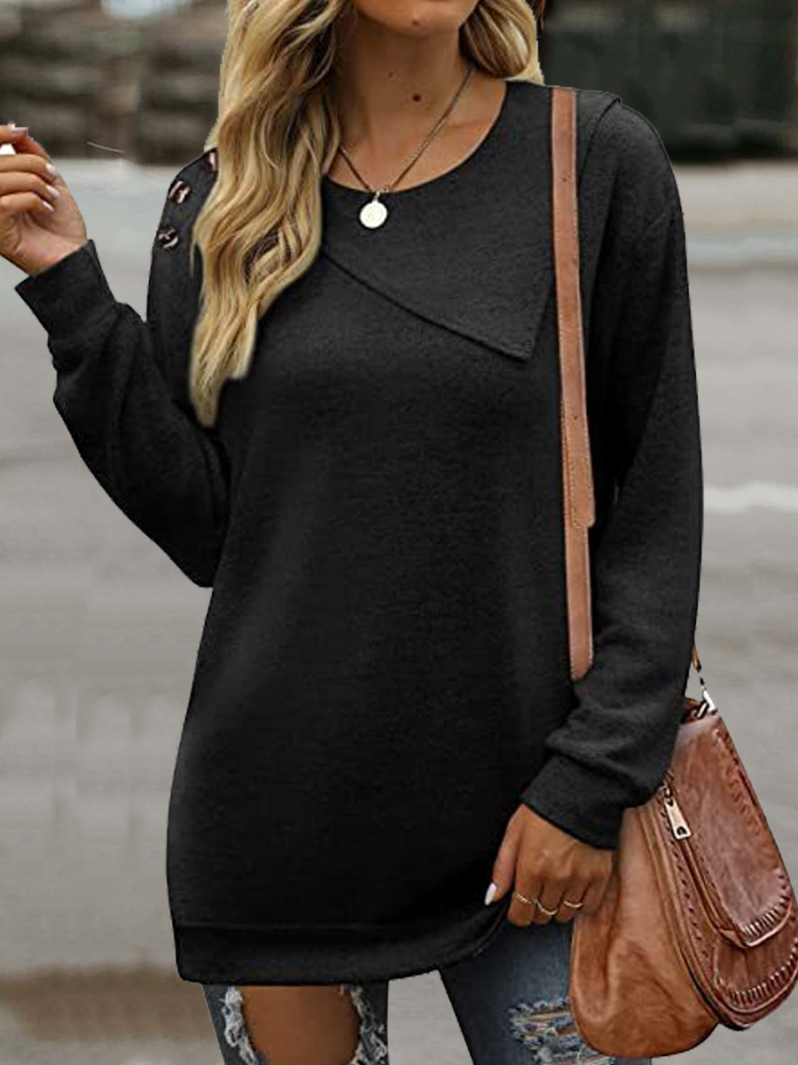 Casual Solid Color Button Lapel Long Sleeve T Shirt