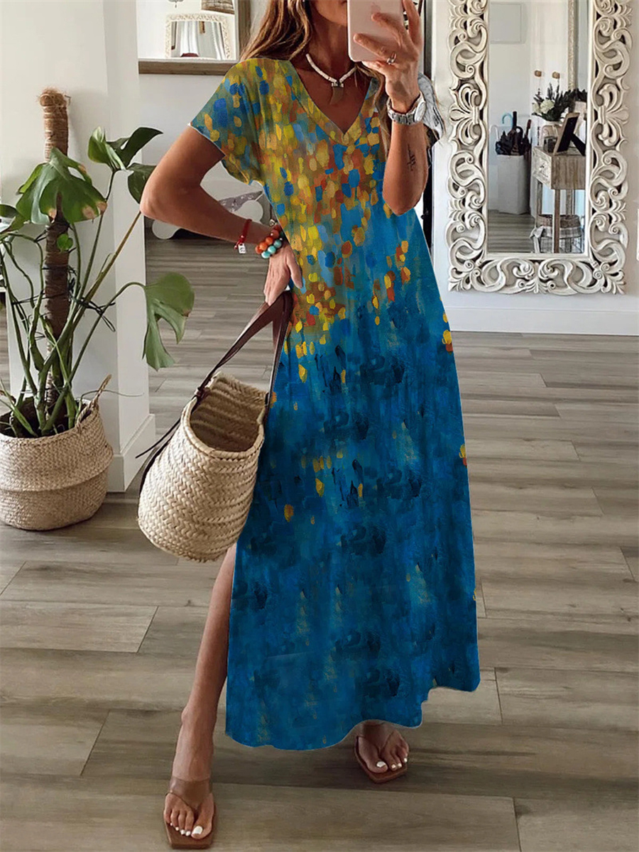 Casual Vintage Print V Neck Print Short Sleeve Maxi Dress