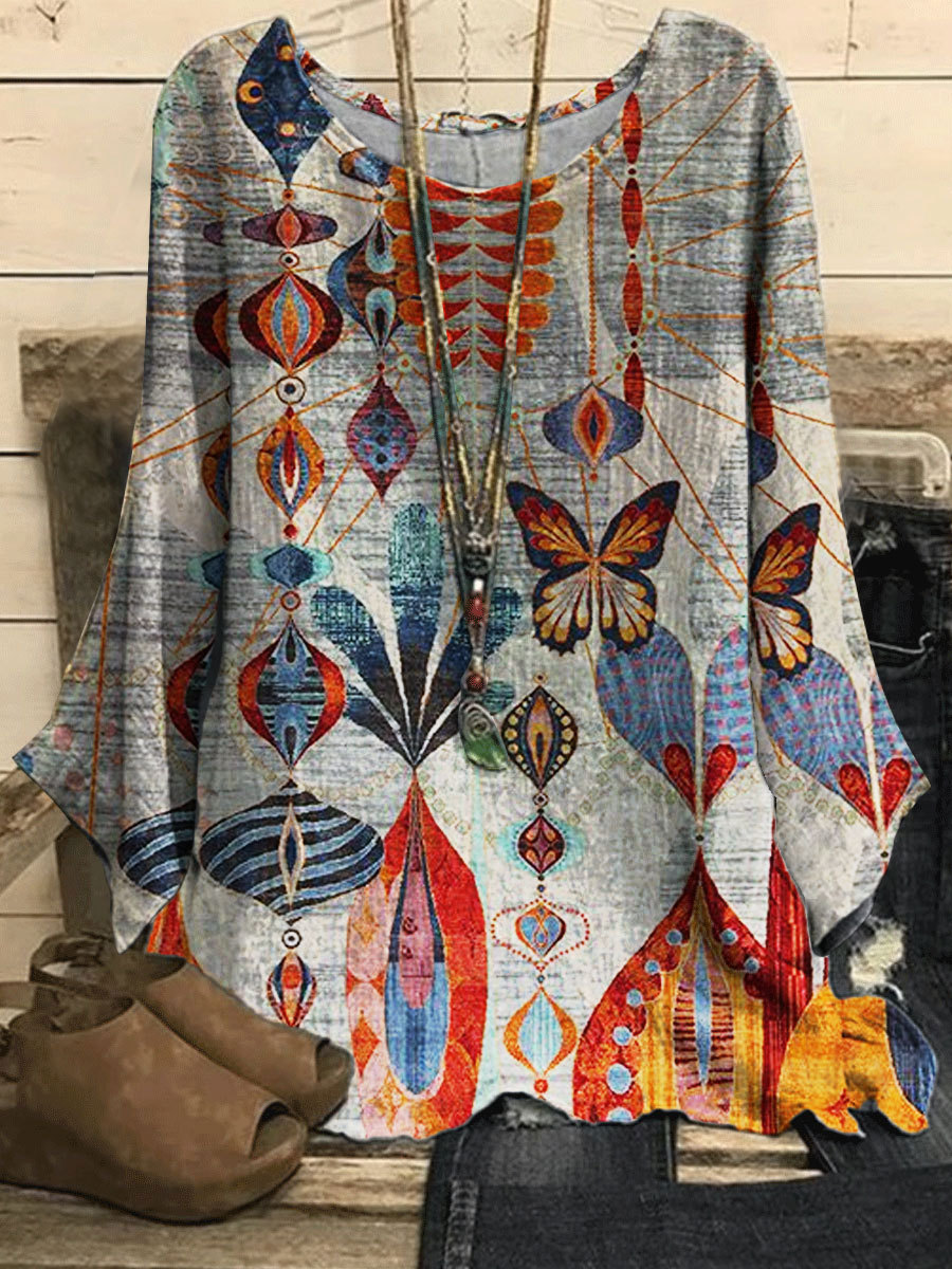Round Neck Casual Loose Butterfly Geometric Print Long Sleeve Blouse