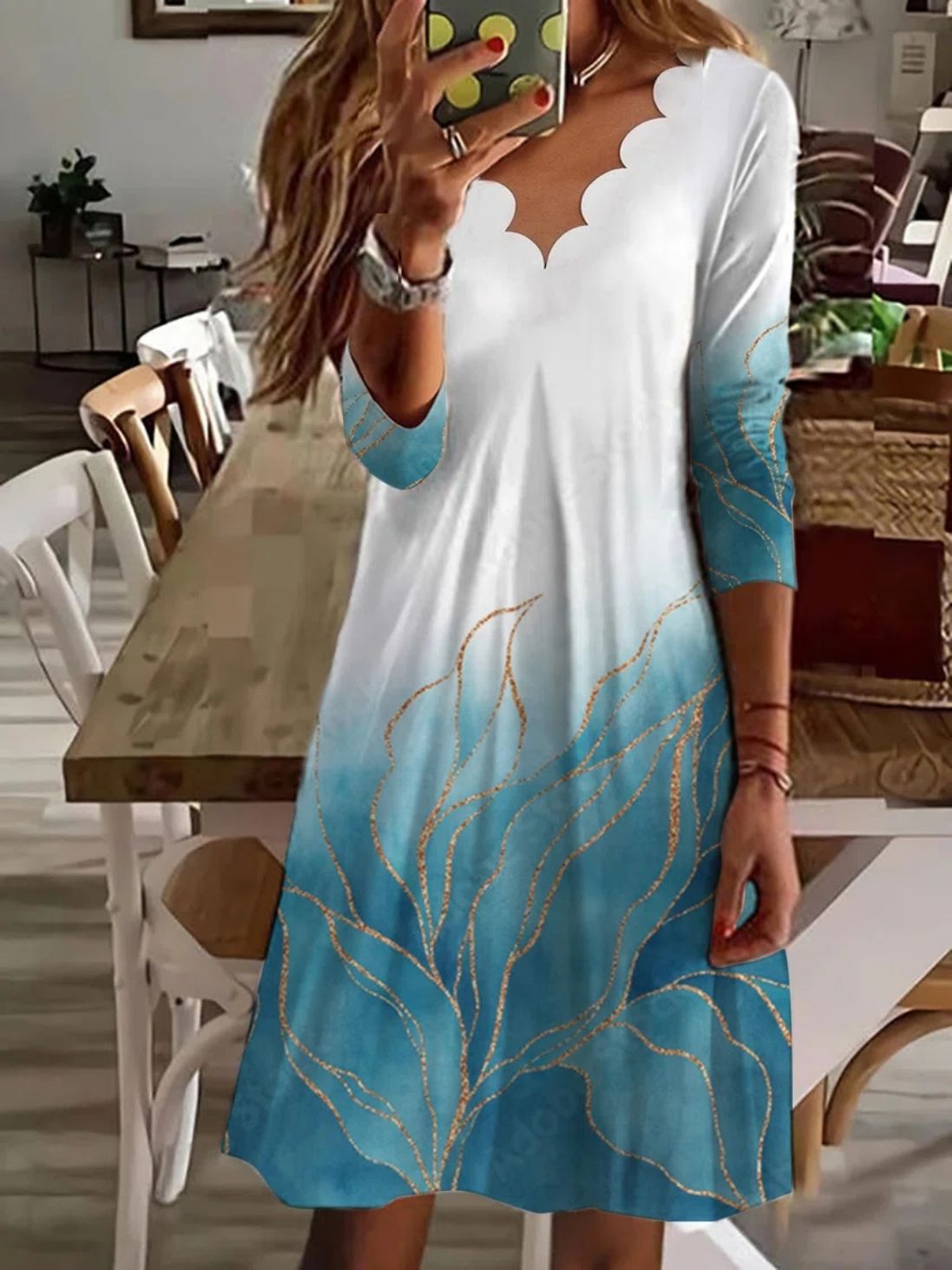 V neck Casual Loose Bronze Leaf Print Long Sleeve Short Dress