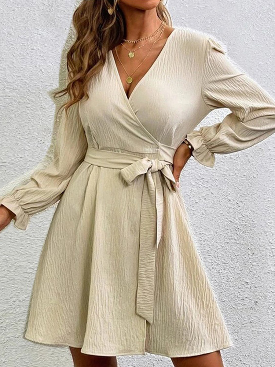 V neck Casual Loose Lace Up Solid Color Long Sleeve Short Dress